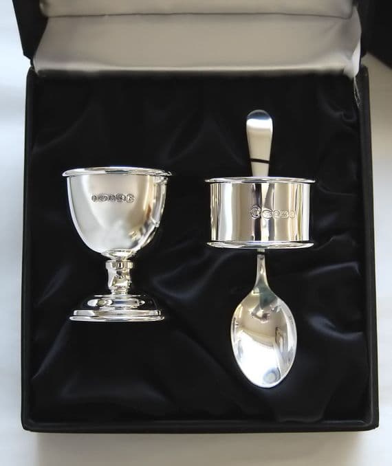 Sterling Silver Egg Cup, Spoon and Napkin Ring Set