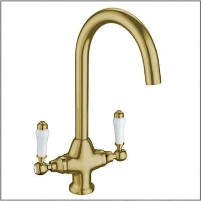 Traditional Twin Lever Round Neck Mixer Tap - Gold Brass
