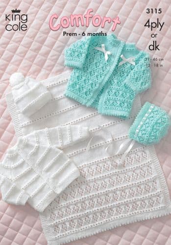 King Cole 4ply & DK Knitting Pattern - Coat, Cardigan, Bonnet, Hat and Pram Cover 3115