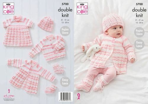 King Cole Baby Stripe DK Knitting Pattern - Matinee Coat, Top, Cardigan, Hat & Bootees 5700