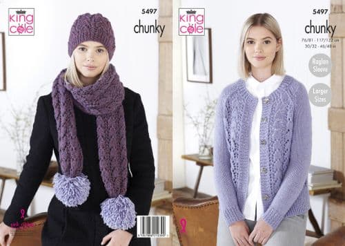 King Cole Big Value Poplar Chunky Knitting Pattern - Cardigan, Hat & Scarf 5497