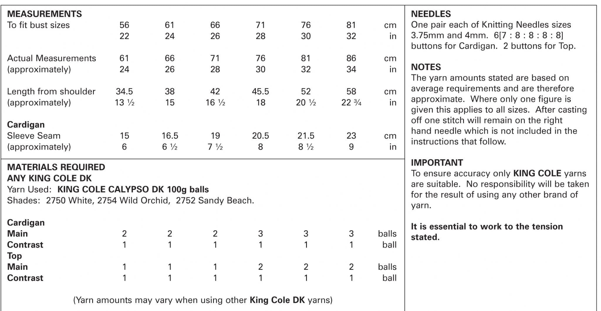 King Cole Calypso Knitting Pattern Cardigan & Top 5038