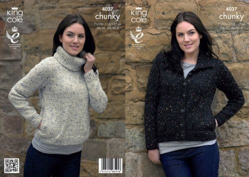 King Cole Chunky Tweed Knitting Pattern - Jacket & Sweater 4037
