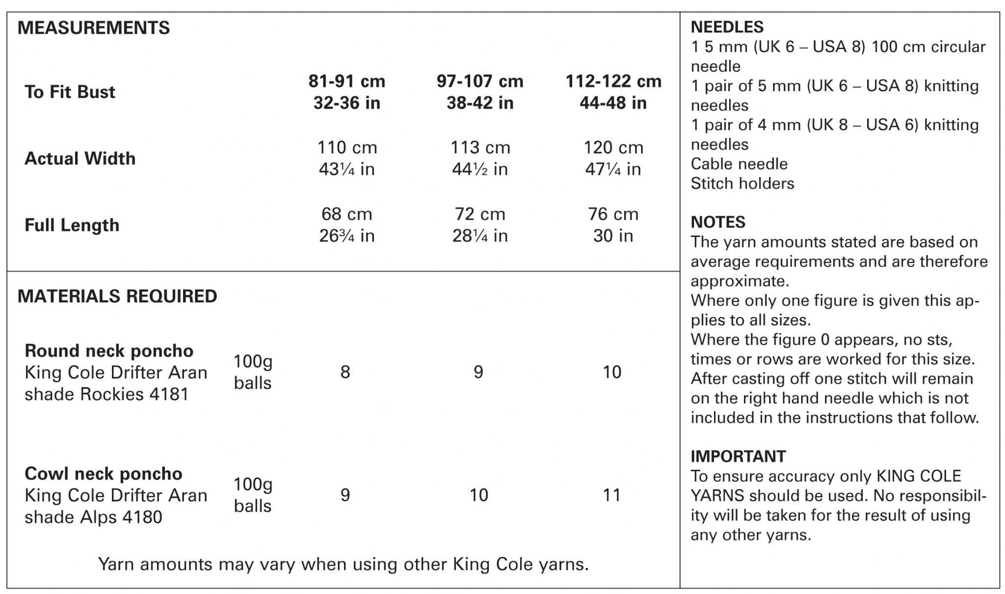 King Cole Drifter Aran Knitting Pattern Ponchos 5271