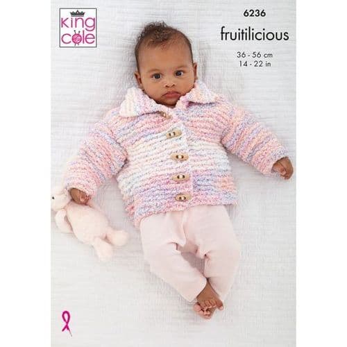 King Cole Fruitilicious Knitting Pattern - Hooded Jacket, Collared Cardigan & Wasitcoat 6236