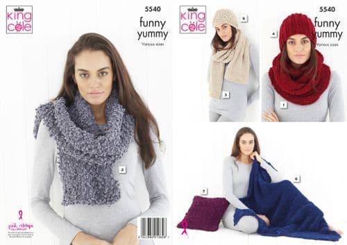 King Cole Funny Yummy Knitting Pattern - Cowl, Scarf, Wrap, Hats, Blanket & Cushion 5540