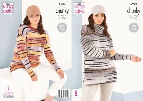 King Cole Safari Chunky Knitting Pattern - Round & Cowl Neck Sweaters 5929