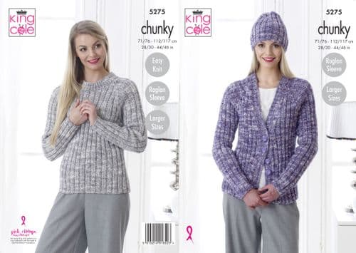 King Cole Sweater, Cardigan & Hat Knitted in Big Value Tonal Chunky 5275