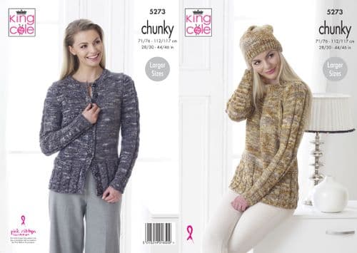 King Cole Sweater, Cardigan & Hat Pattern Knitted in Big Value Tonal Chunky 5273