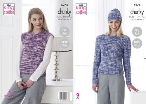 King Cole Sweater, Slipover & Hat Knitted in Big Value Tonal Chunky 5274