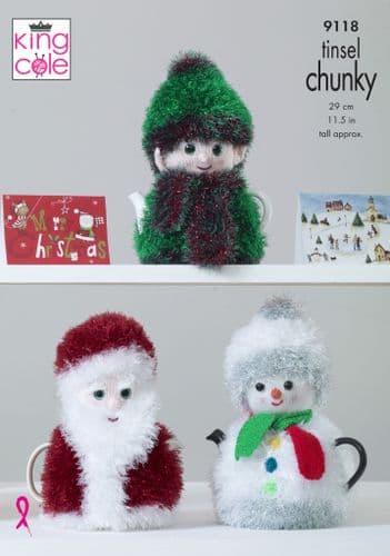 King Cole Tinsel Chunky Knitting Pattern - Christmas Tea Cosies 9118