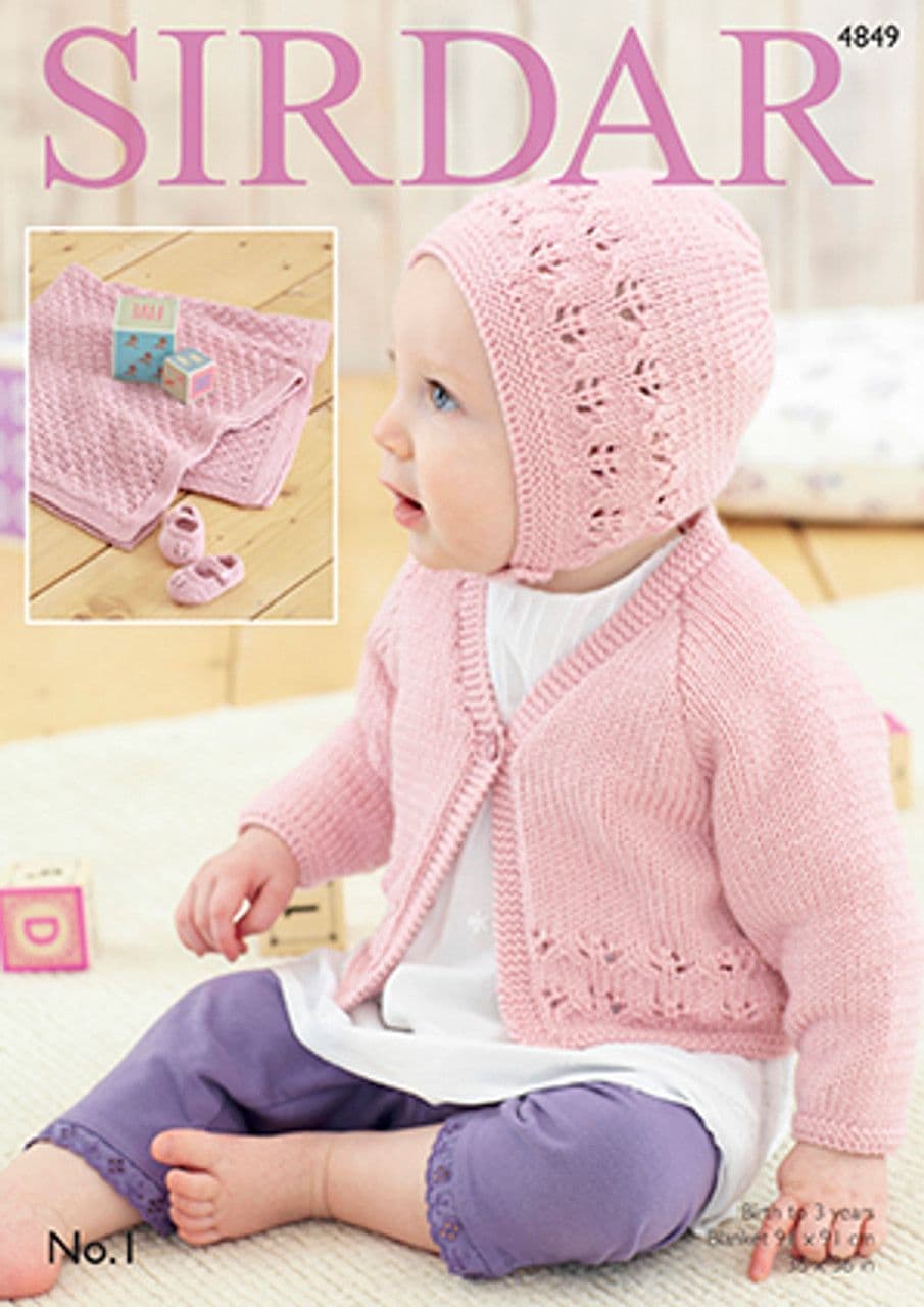 Sirdar No.1 Knitting Pattern - Cardigan, Bonnet, Shoes & Blanket 4849