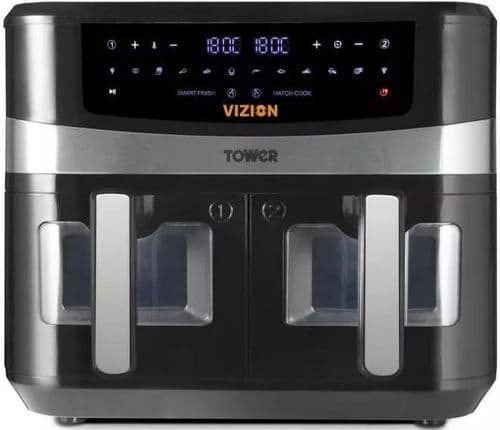 9 Litre Vizion Dual Basket Air Fryer by TOWER with Smart Finish T17100