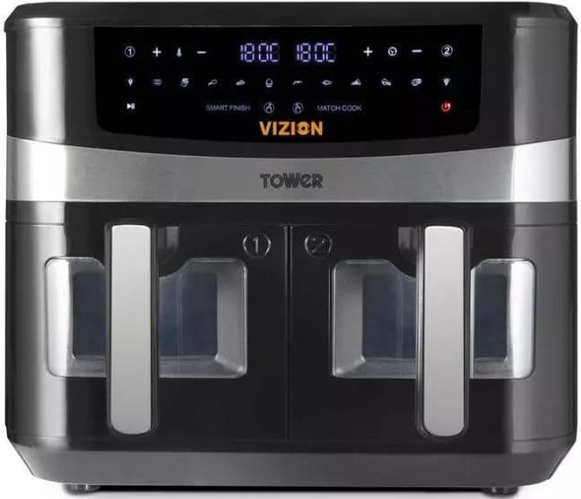 Smart Finish 9 Litre Vizion Dual Basket Air Fryer by TOWER with Smart Finish T17100