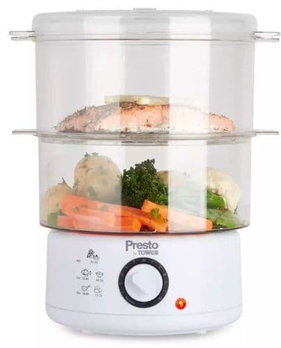 TOWER Presto 400w 2 x 2.4L Tier Food Steamer White PT21004WHT