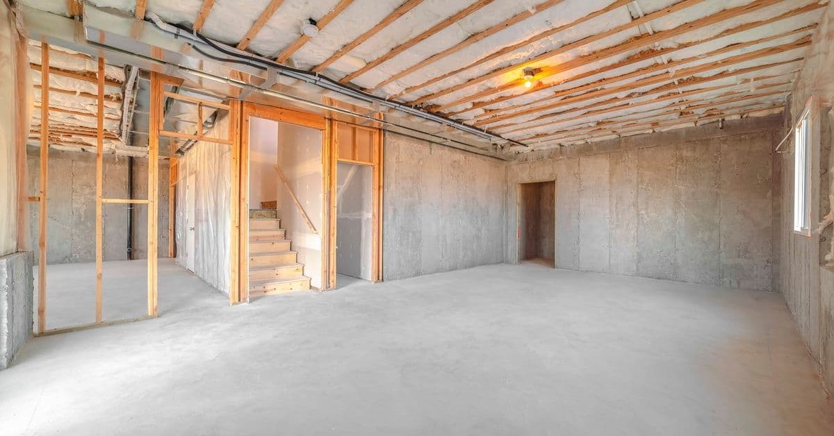 An unfinished basement with light wood framing, incomplete walls and floors, with exposed wiring and insulation.