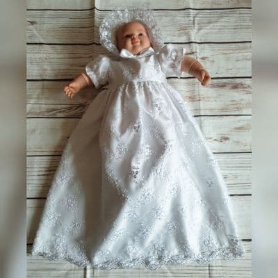Baby Girls White Christening Occasion Dress and Bonnet Set - 0-3 Months