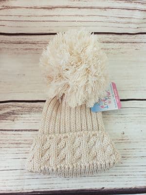 Baby Infant Bobble Pom Winter Cable Knit Beige Hat