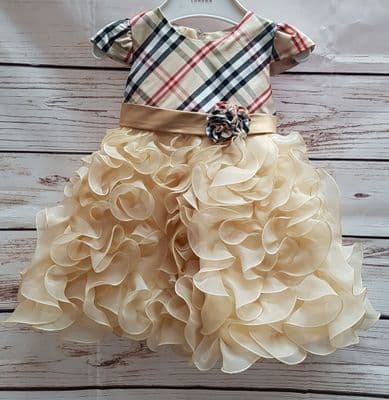 Beige Infant Baby Girl Tartan Check Style Occasion Bridesmaid Flower Girl Party Dress