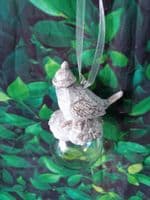 Cute Resin Birds in Hats sitting on a Iridescent Christmas Bauble Tree Decoration