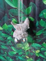 Cute Resin Birds in Hats sitting on a Iridescent Christmas Bauble Tree Decoration