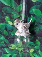 Cute Resin Birds in Hats sitting on a Iridescent Christmas Bauble Tree Decoration