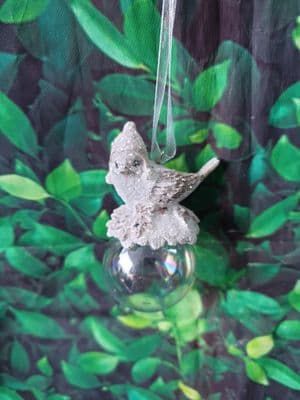 Cute Resin Birds in Hats sitting on a Iridescent Christmas Bauble Tree Decoration