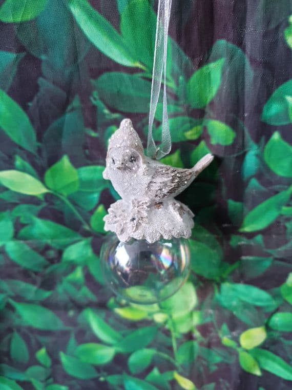 Cute Resin Birds in Hats sitting on a Iridescent Christmas Bauble Tree Decoration