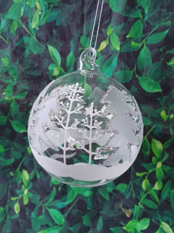 Frosted Christmas Trees Hanging Glass Bauble