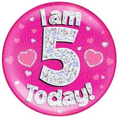 Giant Jumbo Holographic Pink Birthday Age Badges 5 to 16 Years Happy Birthday Badge