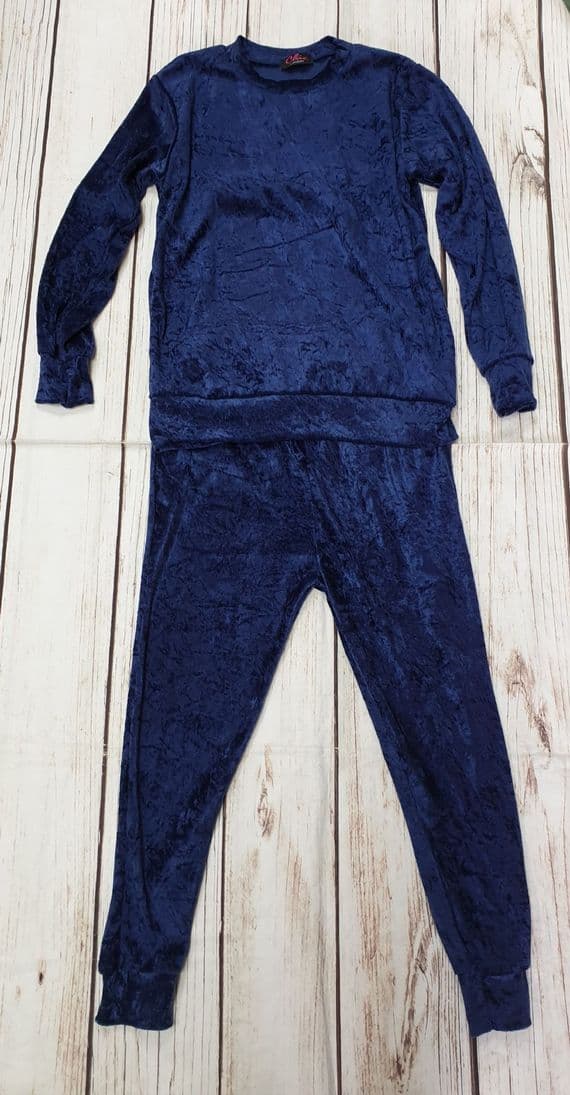 Girls Navy Blue Crushed Velvet Loung Set Outfit