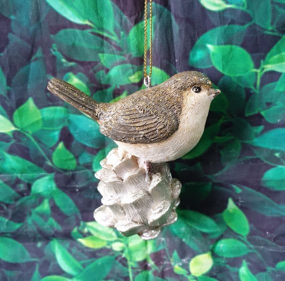 Hanging Birds Standing on a Pinecone or Acorn Christmas Tree Decoration Ornament