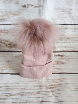 Rose Gold Girls Faux Fur Winter Pom Pom Hat - Large