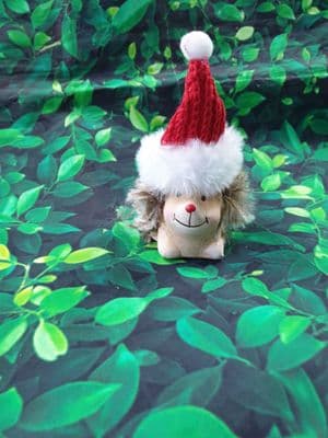 Small Fluffy Ceramic Hedgehog with Santa Hat