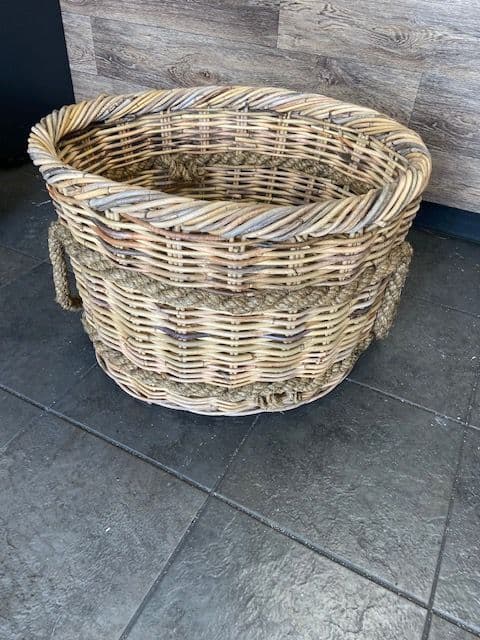 Large oval brown antique finish basket with rope handles