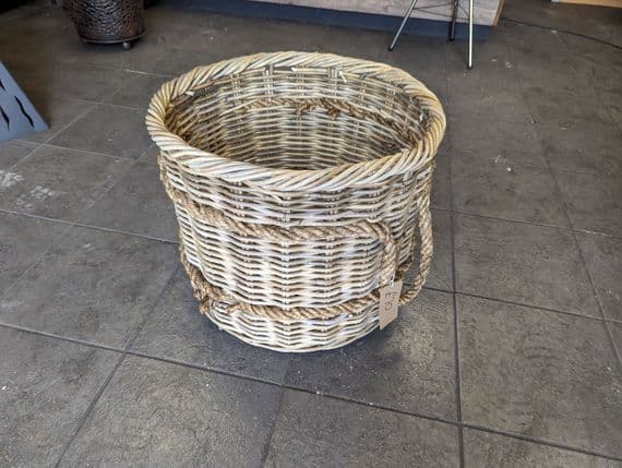 Large round brown antique finish basket with rope handles