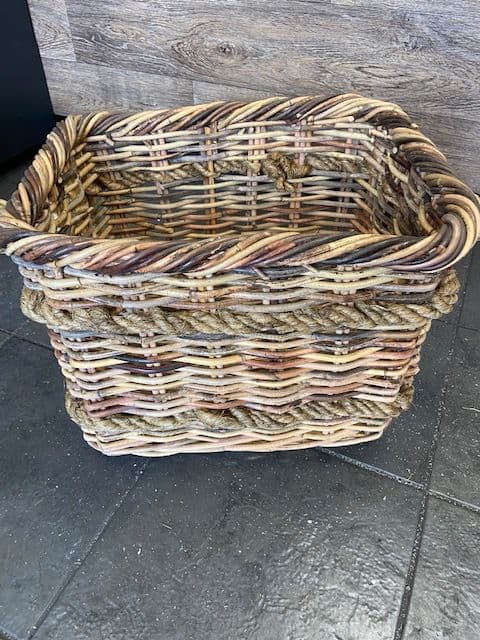 Small rectangle brown antique finish basket with rope handles