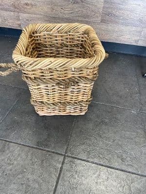 Small square brown antique finish basket with rope handles