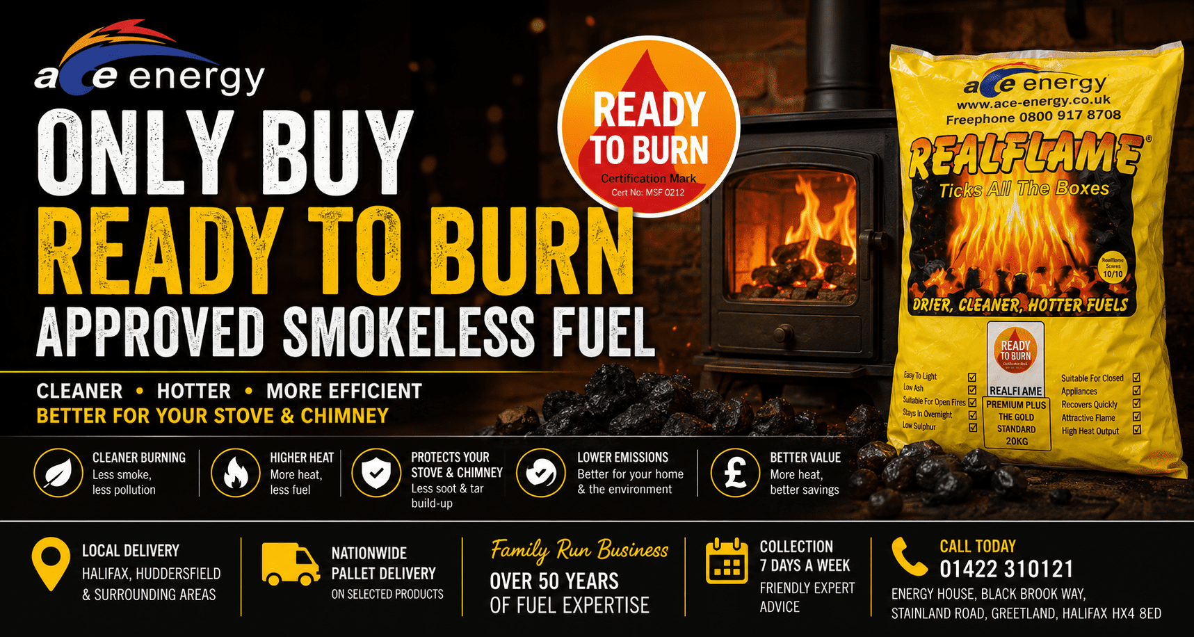 Ace Energy Ready to Burn approved smokeless fuel hero banner featuring Realflame Premium Plus, a burning multi-fuel stove, Ready to Burn certification logo and messaging promoting cleaner, hotter, more efficient smokeless fuel with local delivery across Halifax, Huddersfield and West Yorkshire.
