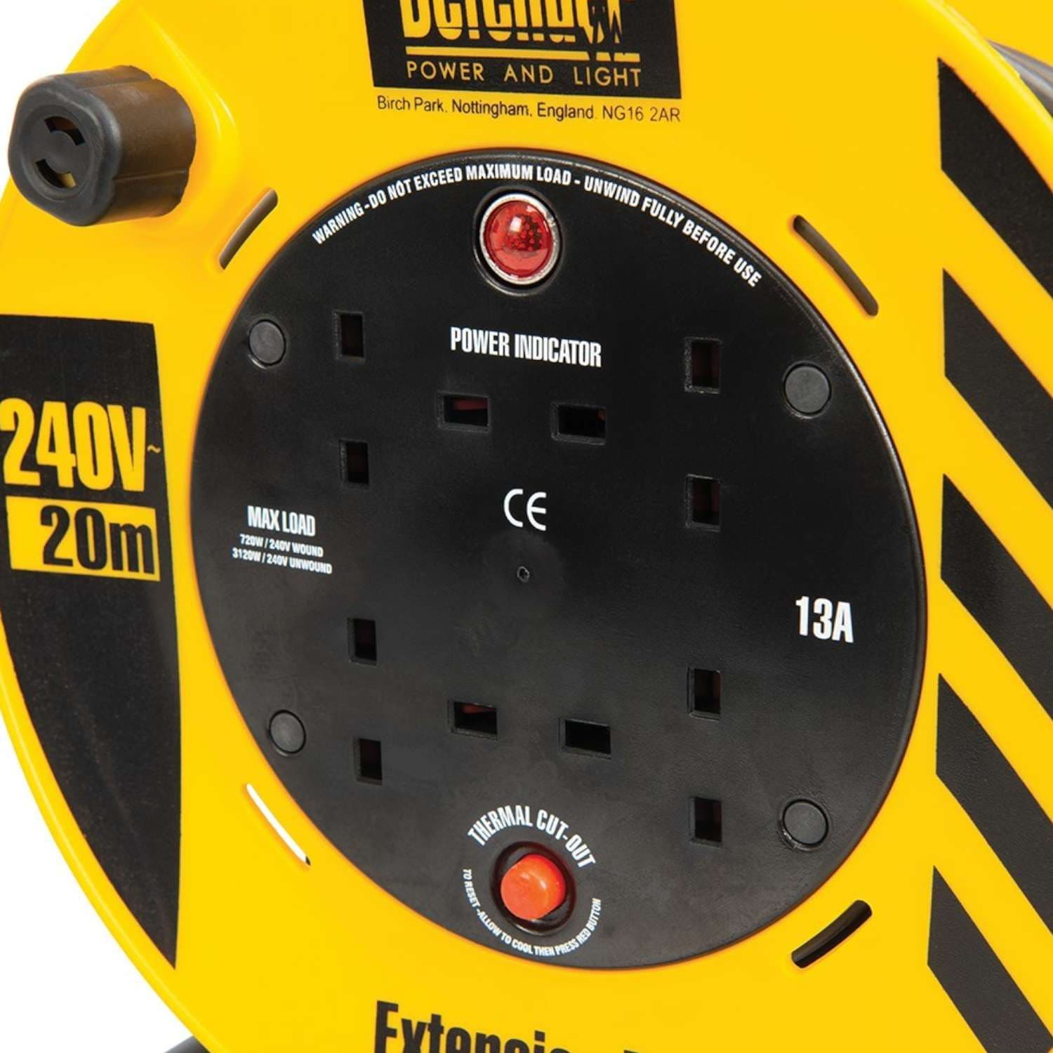 240V Cable Reel Extension Lead 20m 4 Sockets