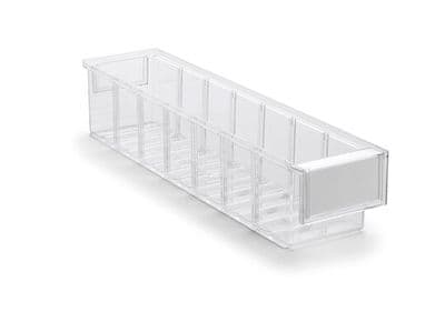 Clear Shelf Tray 4010-1  Ext Dims: 400 x 92 x 82 mm  Pack size: 30