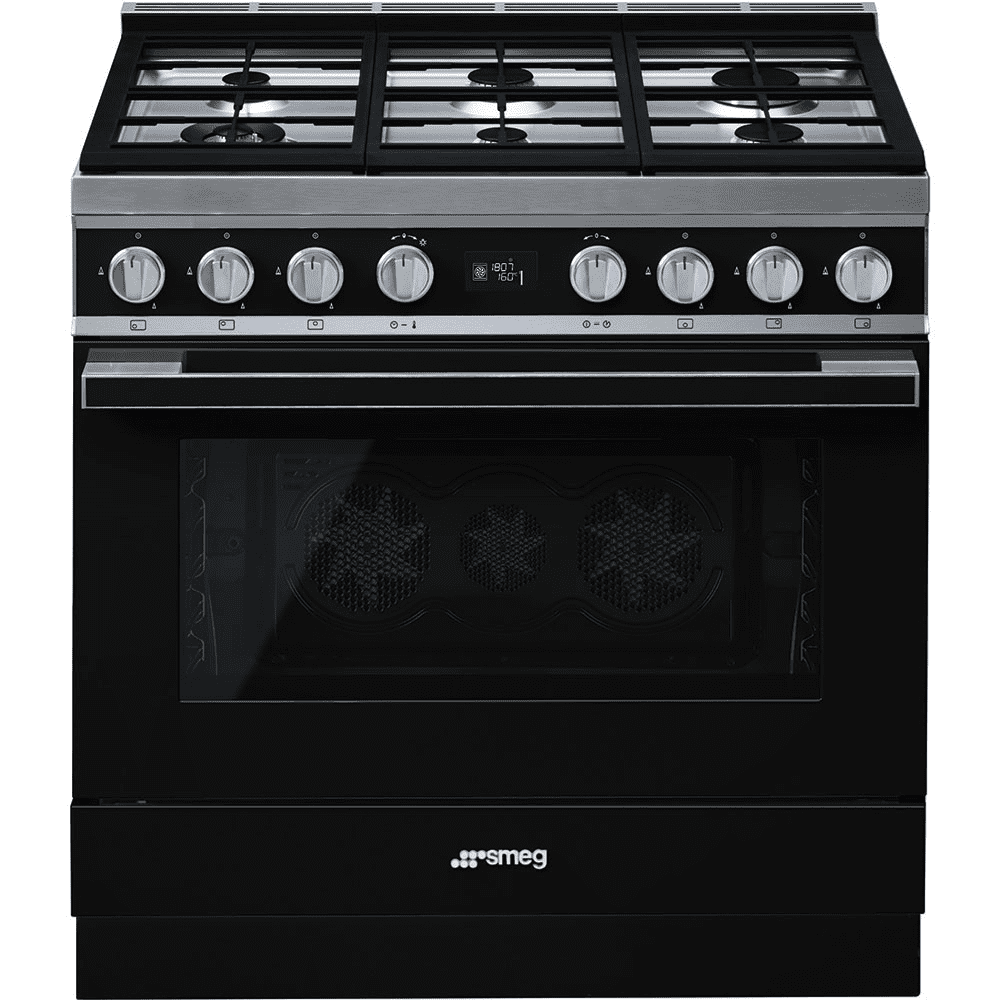 Smeg Black Cpf9gpbl Portofino 90Cm Range Cooker With Gas Top 90Cm To 119Cm