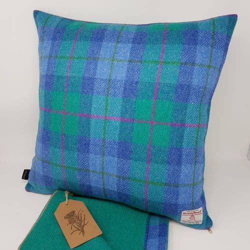 Blue Check Wool Harris Tweed Hebridean Sea Coastal Cushion Cover