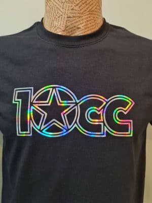 10CC inspired BLACK tee with stunning holographic logo T-Shirt Mens Unisex