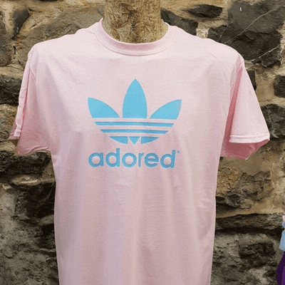 Blue and pink Adored tee t shirt Stone Roses Madchester Hacienda Ian Brown
