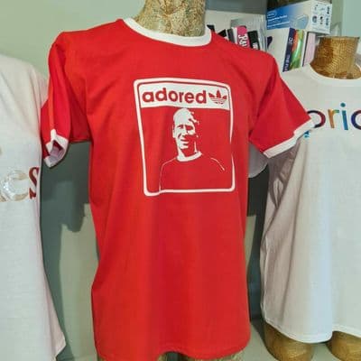Bobby Charlton Adored graphic Red white ringer tee t shirt Icon Busby Babes MCR