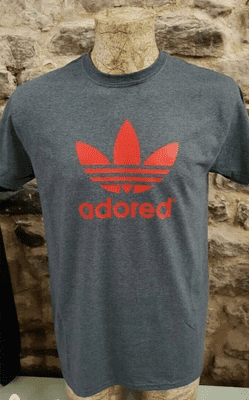 Charcoal and Red Adored tee t shirt Stone Roses Madchester Hacienda Ian Brown