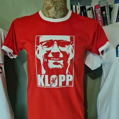 Jurgen Klopp graphic red white ringer tee t shirt Merseyside Icon Legend Anfield