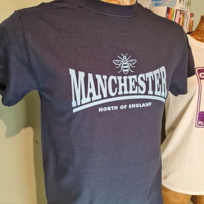 Manchester Working Bee tee t shirt navy and sky blue I love MCR City colours