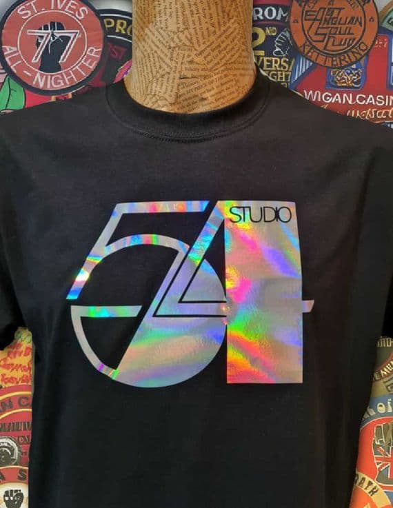 Studio 54 black tee t shirt holographic Disco Soul Funk New York Nightclub